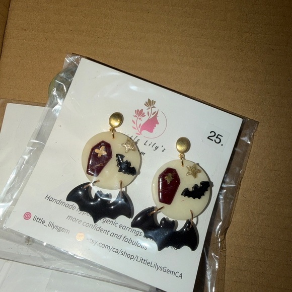 Halloween Black and Gold Bat Earrings - Picture 7 of 7